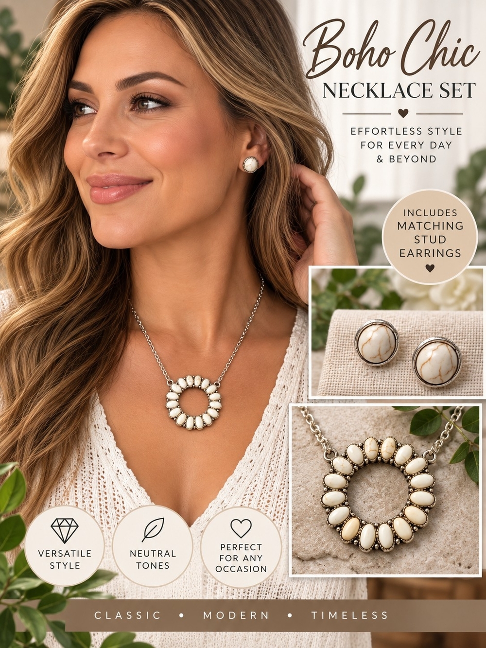 A61. Boho Ivory Marbled Stone Circle Pendant Necklace & Stud Earrings Set